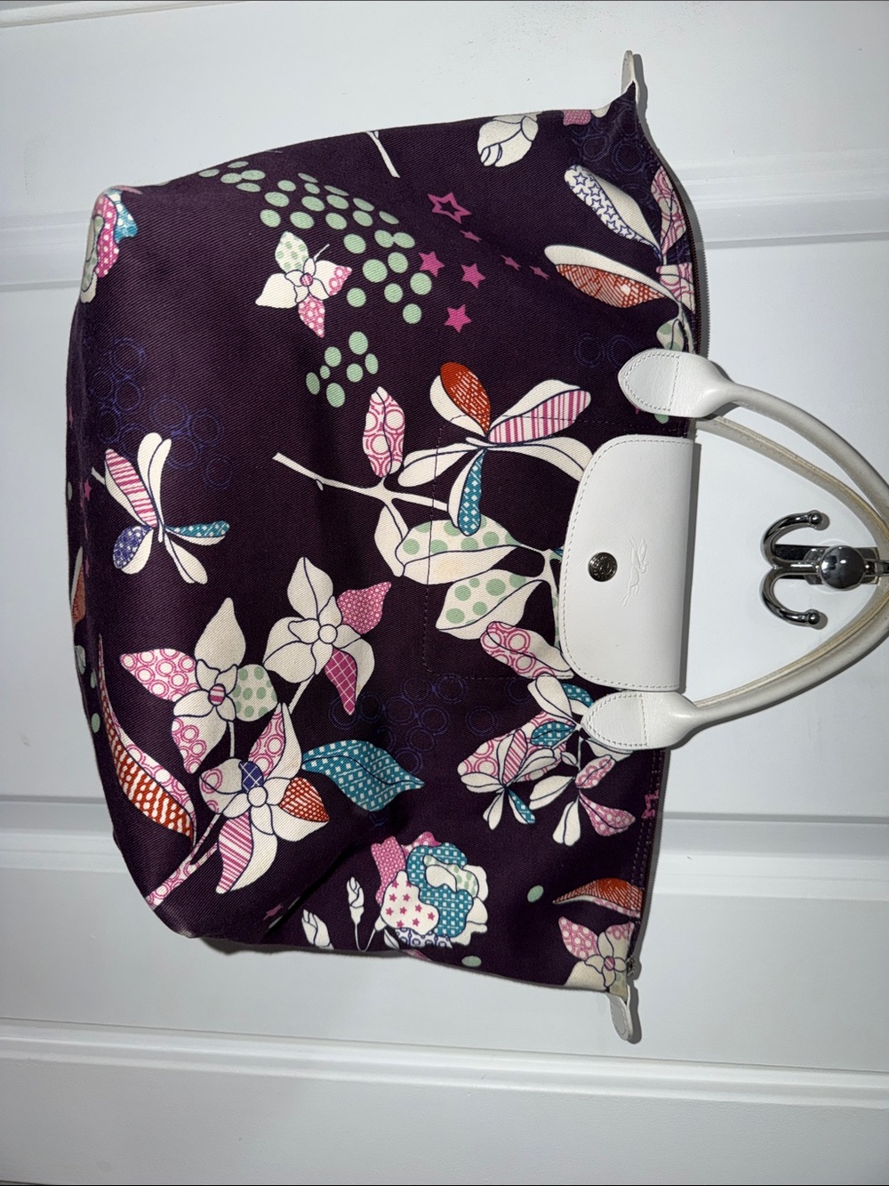 Longchamp Floral Pattern Tote Bag with White Handles - Purple